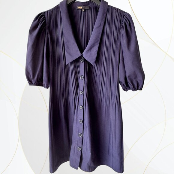 Maje Rockina Puff Sleeve Pleated Mini Dress with Chelsea Collar - Picture 1 of 8